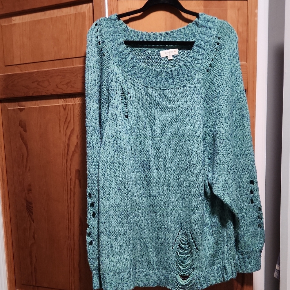 Umgee Distressed Knit Sweater in Teal
